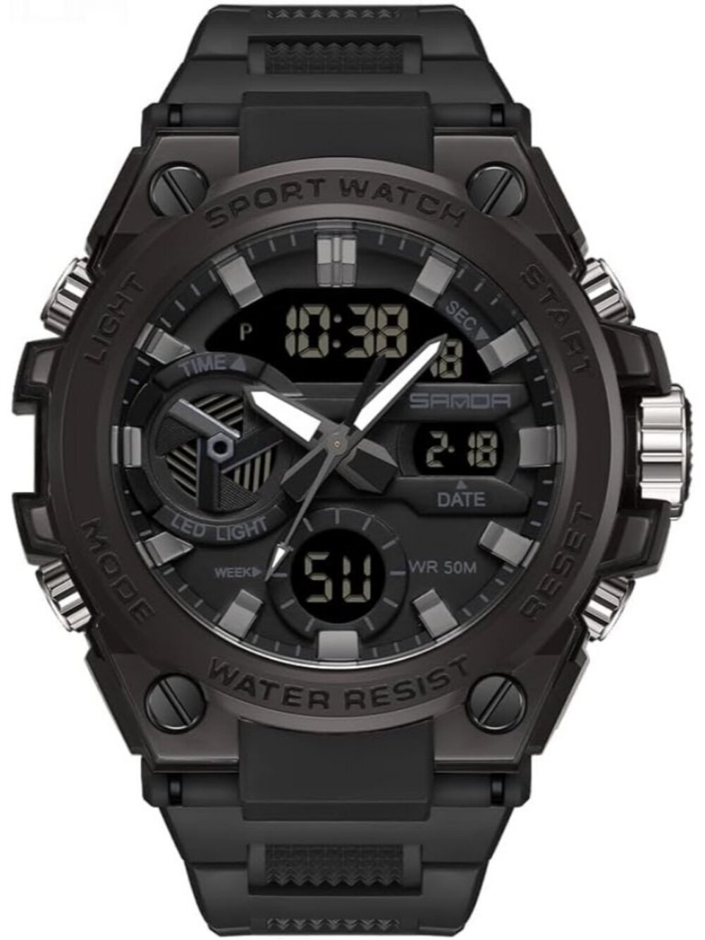 Men's All Black Analog Quartz Sports Waterproof Military Tactical Digital Watch